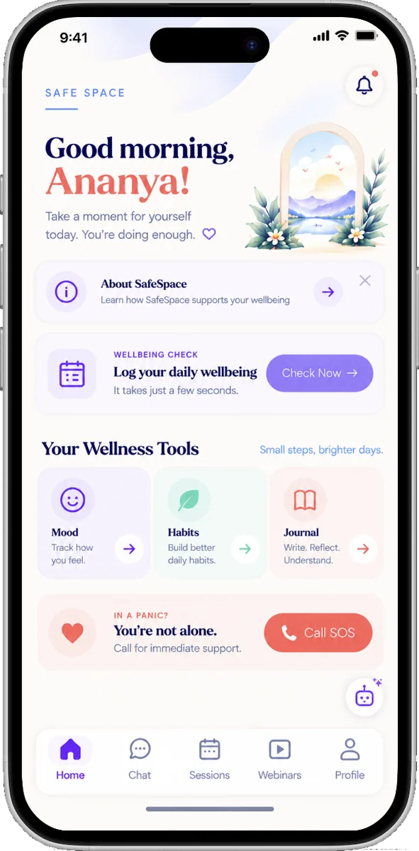 SafeSpace home screen with wellbeing check, mood, habits, journal and SOS