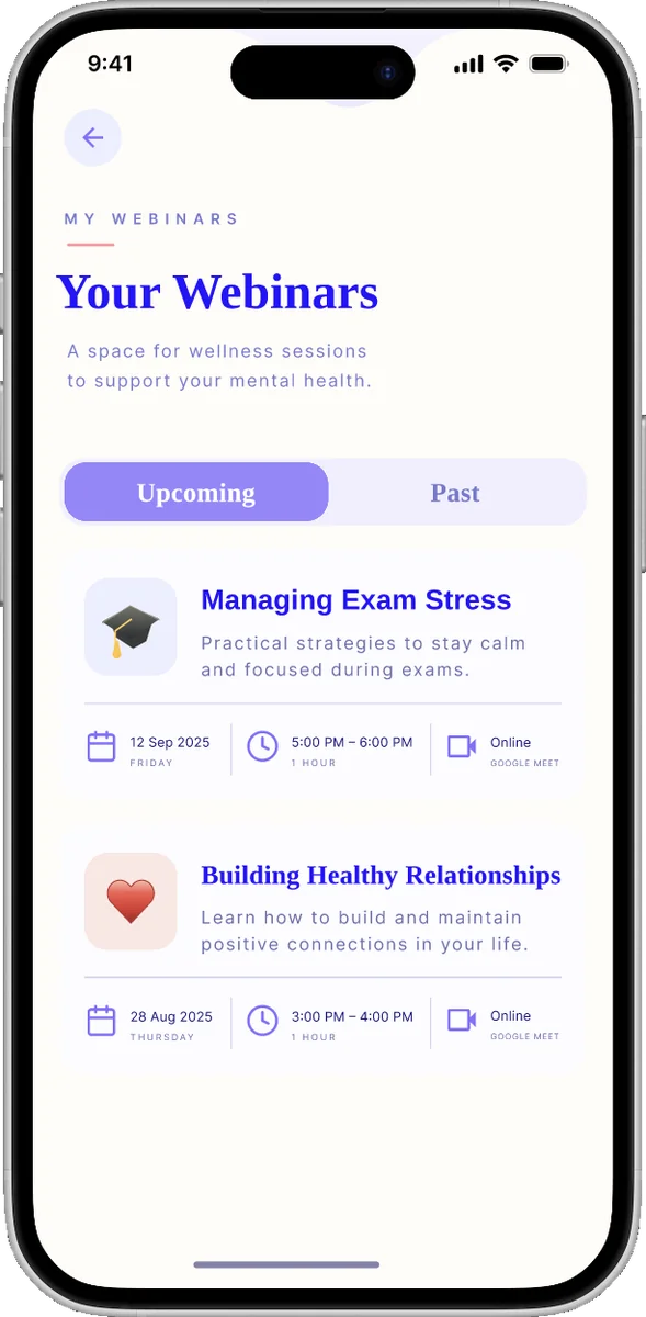 Your Webinars screen listing upcoming sessions such as Managing Exam Stress